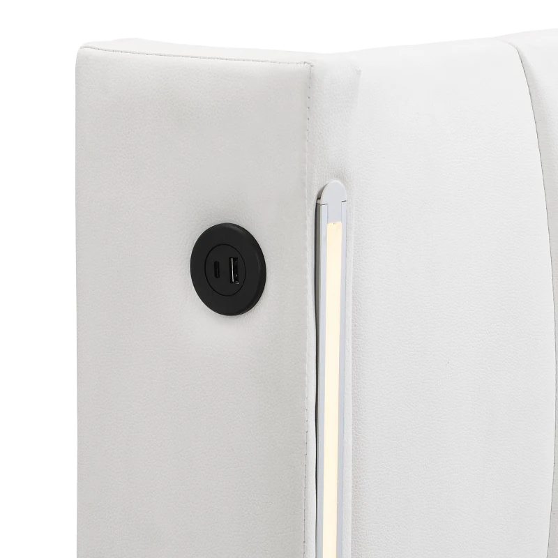 King Size Bed with Storage and Adjustable Headboard, LED Bed Base with USB Port, 201L x 151W x 103H cm, White