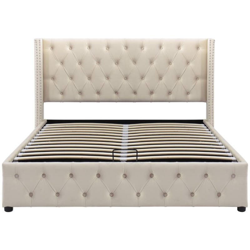 Cama tapizada con cajón hidráulico y somier, sin colchón, 140×200 cm, Beige