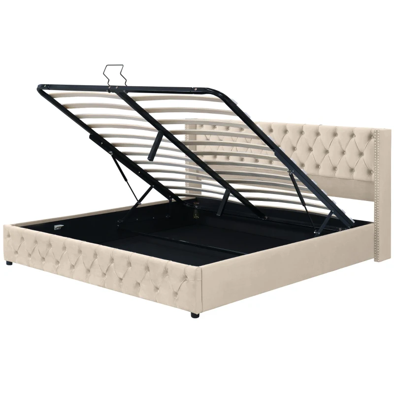 Polsterbett mit hydraulischem Bettkasten und Nietenreihe, ohne Matratze, 160×200 cm, Beige