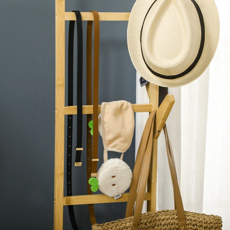 HOMCOM Suporte para Cabides de Bambu com Rodas Porta Cabides Multifuncional com 6 Ganchos Barra e Prateleira 100x37x191 cm Madeira