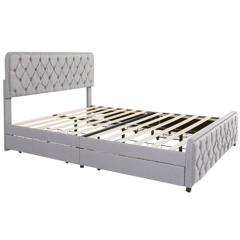 Polsterbett mit hydraulischem Bettkasten und drei Schubladen, Lattenrost mit Kopfteil, ohne Matratze, 180×200 cm, Hellgrau