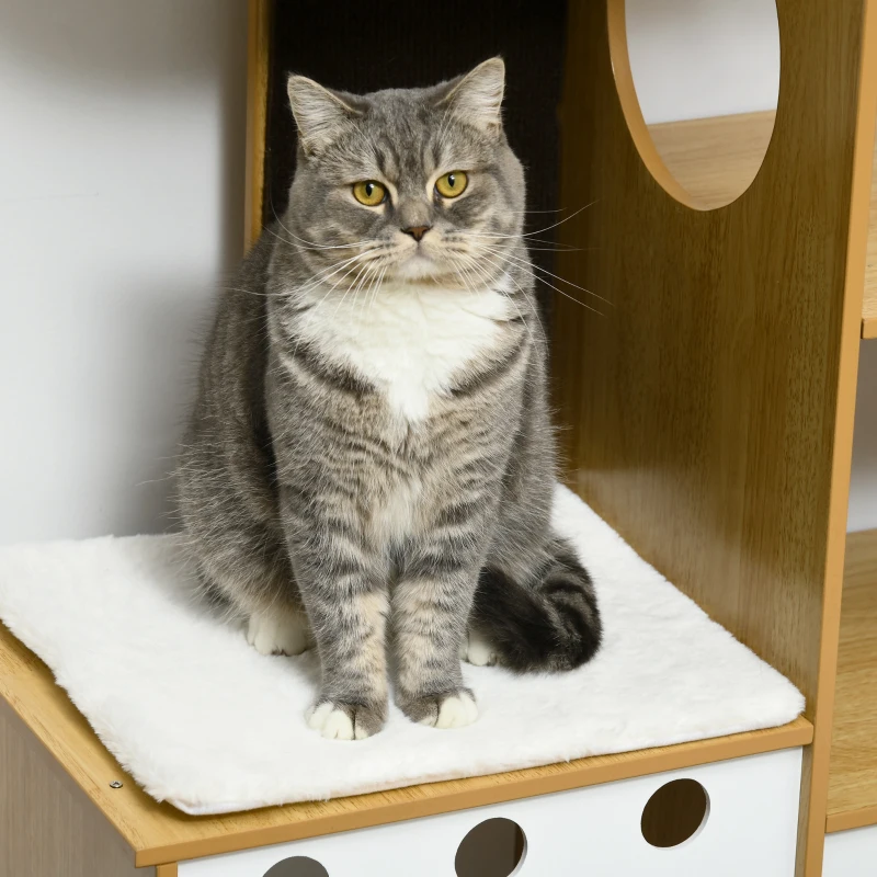 PawHut Casa para Gatos de Madeira com 2 Cavernas Arranhador Rede e Almofadas de Pélucia 76x37x92,5 cm Carvalho e Branco