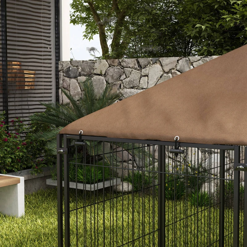 PawHut Parque para Cães com Toldo com Suporte Giratório para Comida 2 Tigelas Incluídas 211x141x151 cm Preto e Marrom