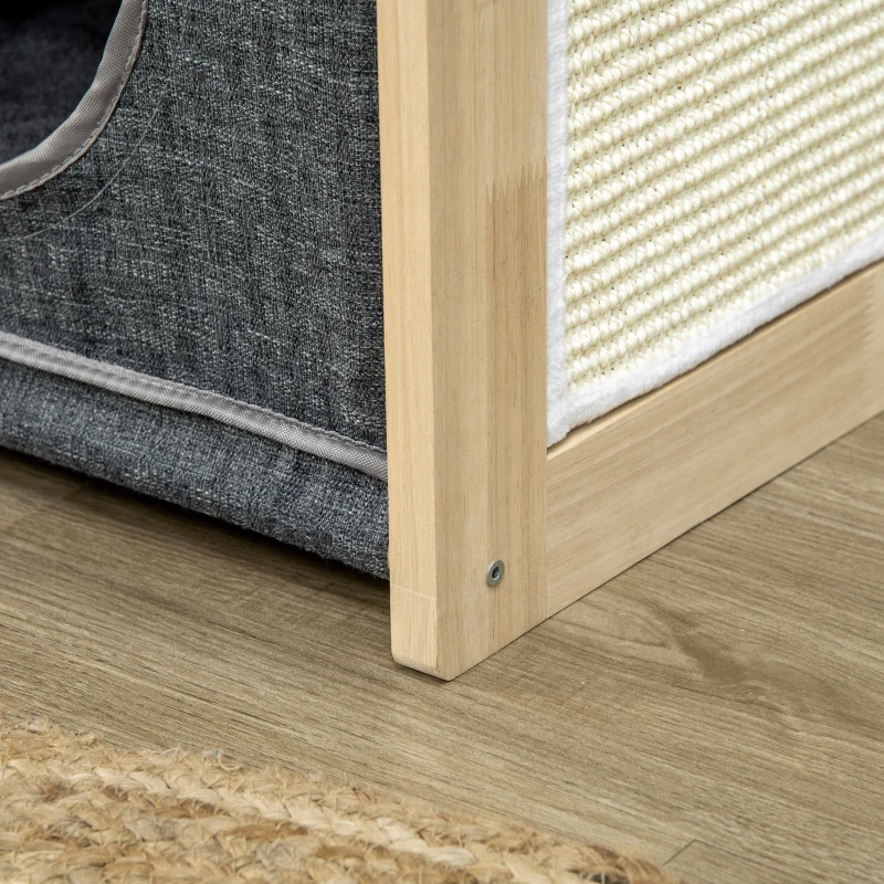 PawHut Cama Cueva para Gatos de Interior con Cojín Extraíble Rascador de Sisal y Marco de Madera 40x40x40,5 cm Gris