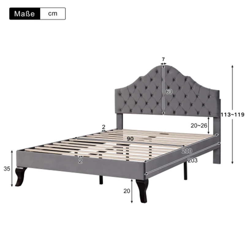 Cama tapizada con cabecero ajustable en altura y somier, sin colchón, 90×200 cm, Gris