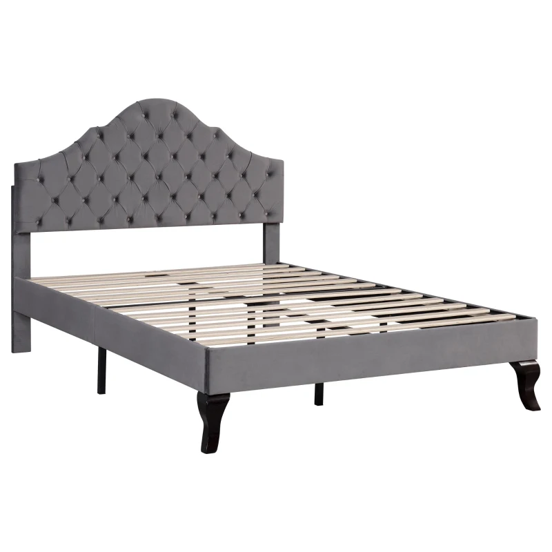 Cama tapizada con cabecero ajustable en altura y somier, sin colchón, 140×200 cm, Gris