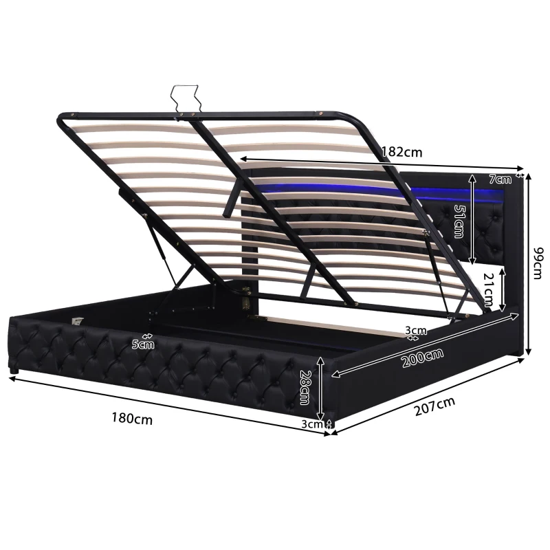 Letto imbottito con rete a doghe, spazio di stoccaggio e illuminazione LED, senza materasso, 180×200 cm, Nero