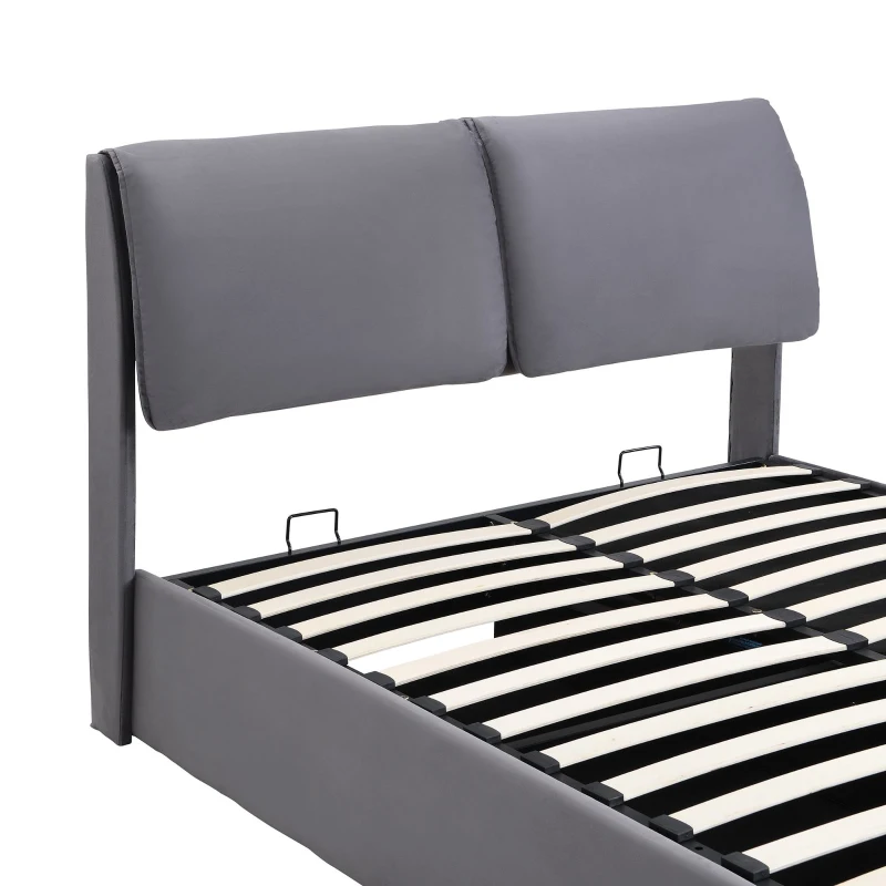 Letto imbottito con contenitore idraulico e tre cassetti, rete a doghe con testiera, senza materasso, 140x200 cm, Grigio