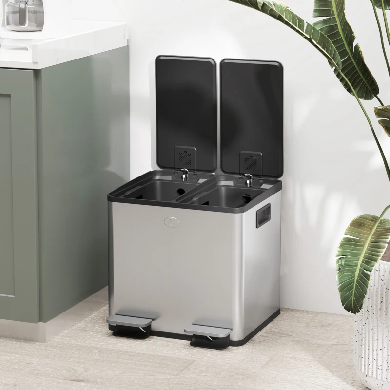HOMCOM Balde de Lixo de Cozinha com 2 Compartimentos 2x15L Pedal Tampa de Fechamento Suave e Cubo Amovível Prata