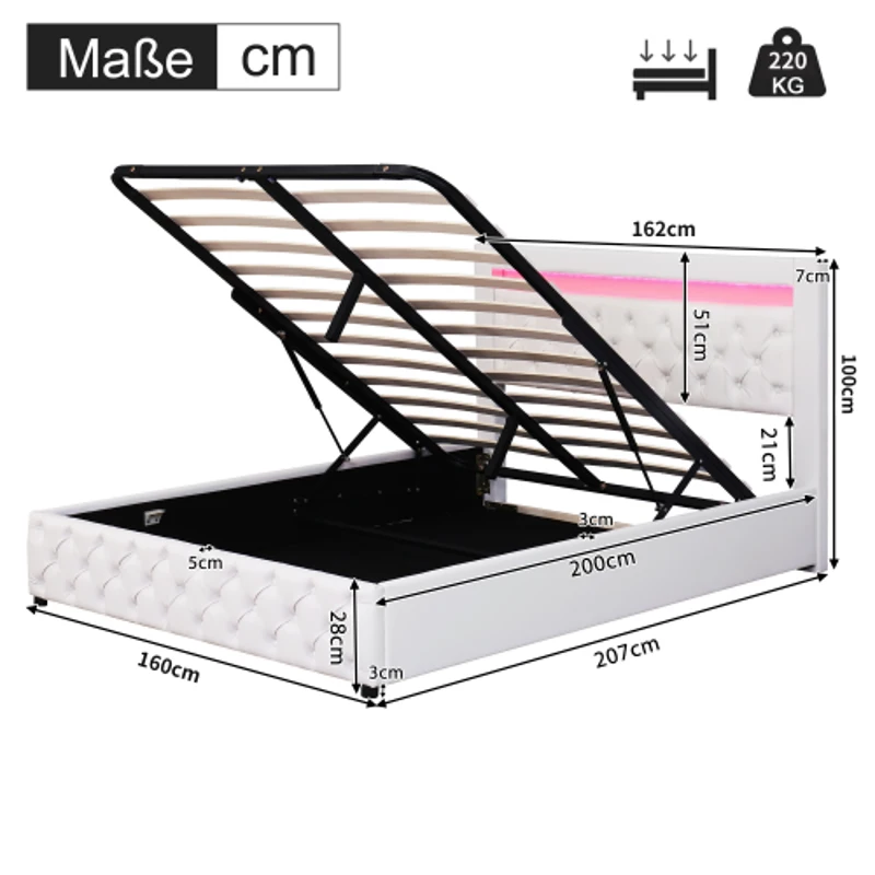 Polsterbett mit Lattenrost und Stauraum, LED-Beleuchtung, ohne Matratze, 160 x 200 cm, Weiß
