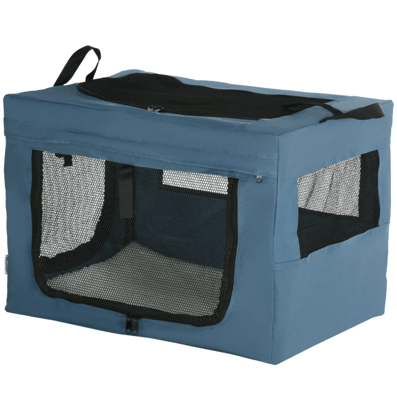 PawHut Transportadora para Cães e Gatos Portátil Dobrável com 3 Portas e Almofada Suave 60x42x42 cm Azul
