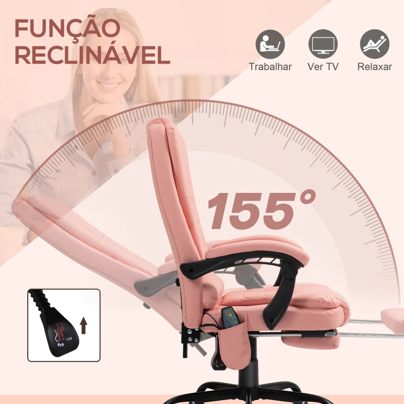 Vinsetto Cadeira de Massagem com 7 Pontos de Massagem Reclinável com Apoio para os Pés e Controlo Remoto 67x67x111-121 cm Rosa