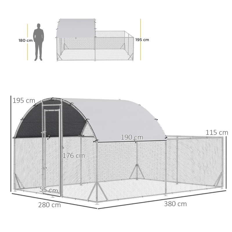 PawHut Galinheiro de Exterior Grande para 10-12 Galinhas de Aço Galvanizado com 2 Ambientes 380x280x195cm Prata