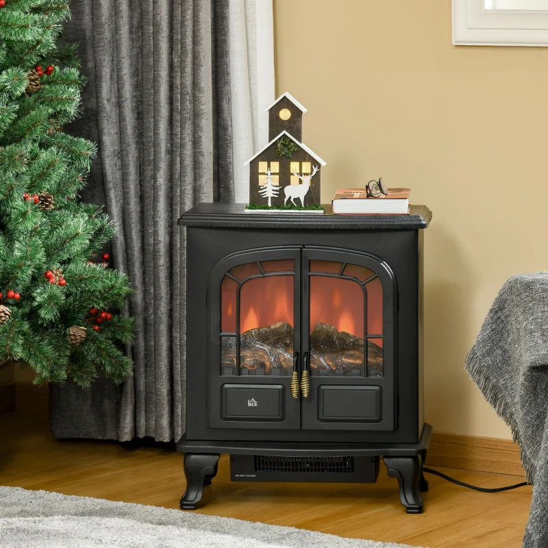 HOMCOM Electric Fireplace Stove Heater with LED Fire Flame Effect, Double Door, Freestanding & Portable with Overheat Protection, 1000W/2000W, Black