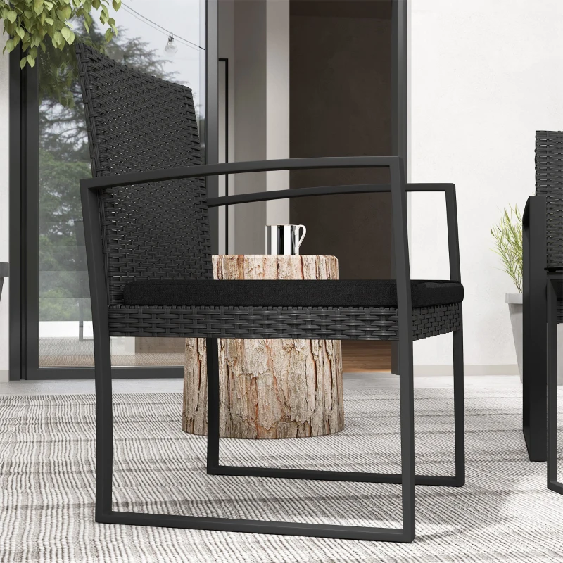 Outsunny Conjunto de Móveis de Jardim de Vime Sintético Conjunto de 1 Mesa e 2 Cadeiras com Almofadas e Apoio para os Braços Preto