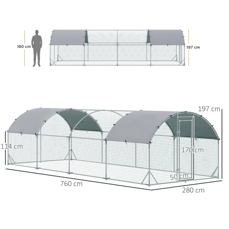 PawHut Galinheiro para Exterior para 16-24 Galinhas de Aço Galvanizado com Teto de Tecido Oxford 2,8x7,60x1,97 m Prata