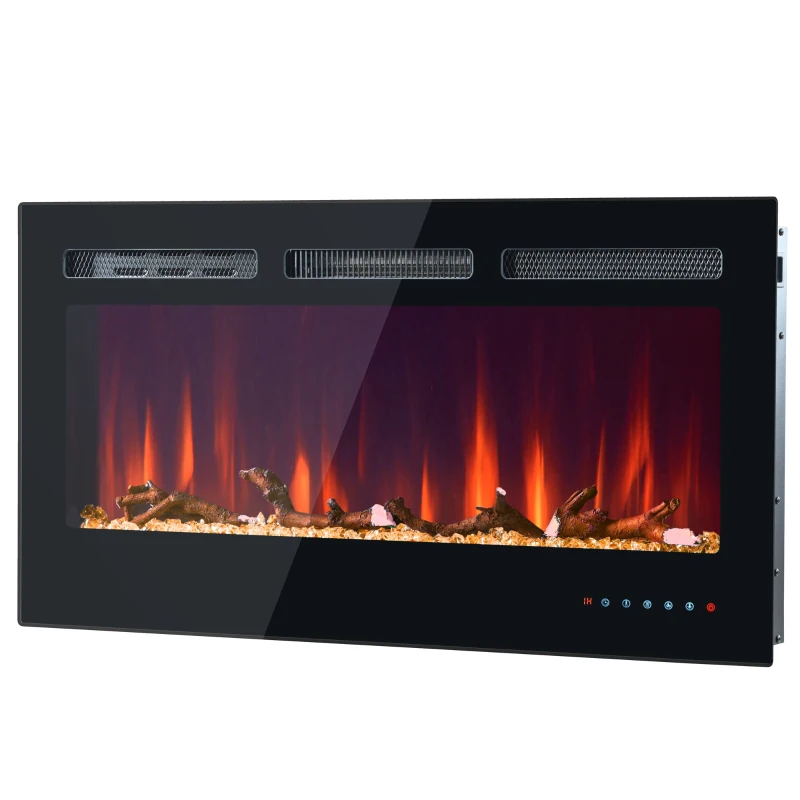 Chimenea eléctrica de pared y empotrable, juego de cristales y madera, control remoto y pantalla táctil, 106,5×46,5×12 cm, negro