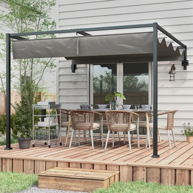 Outsunny Pérgola de Parede 297x211x220 cm Pérgola de Jardim com Teto Retrátil e Estrutura de Aço Pérgola para Pátio Exterior Cinza Escuro