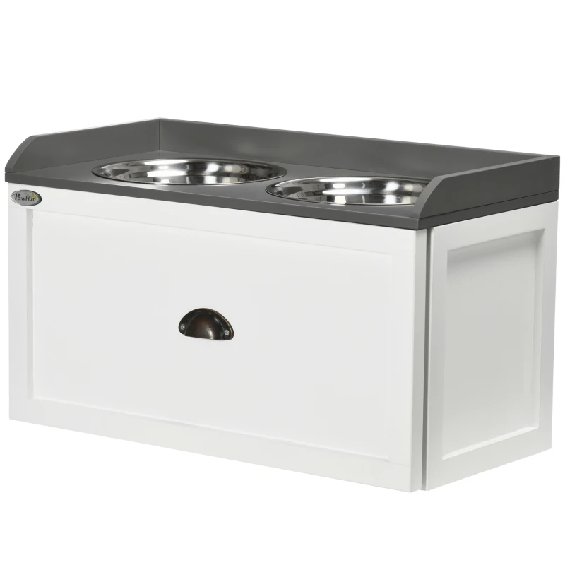 PawHut Comedouro Elevado para Cães com 2 Tigelas 2000ml de Aço Inoxidável Gaveta Oculta com Suporte de Madeira 60x30x36cm Branco
