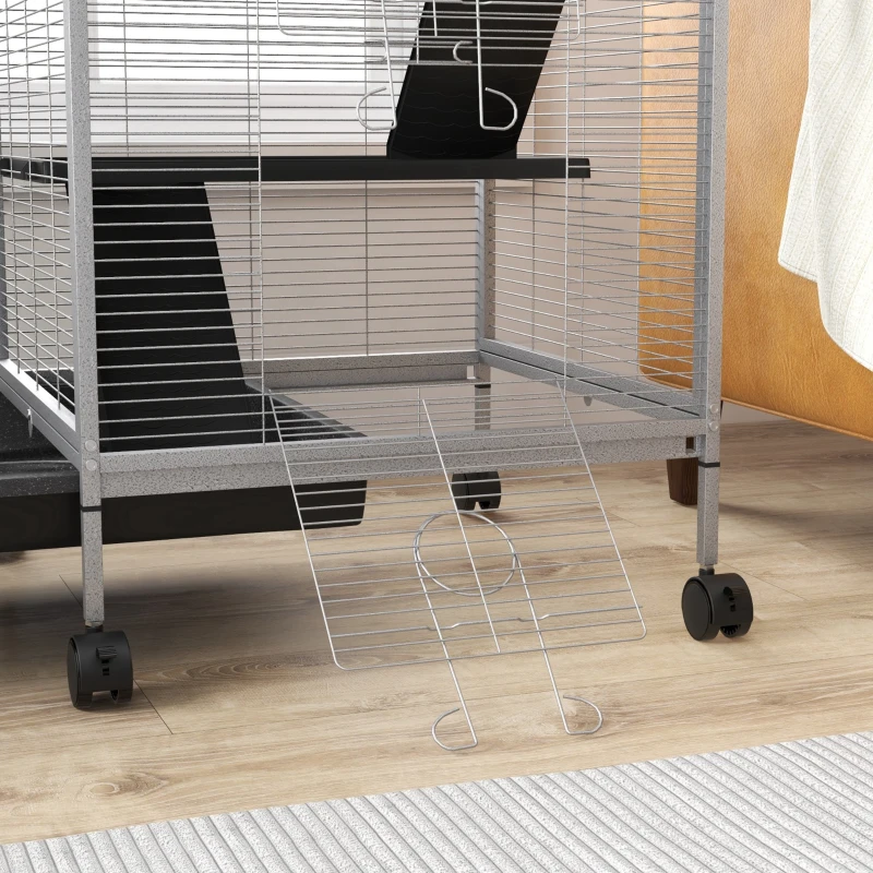 PawHut Gaiola para Roedores 52x52x113,5 cm Gaiola para Furões com Rodas 2 Portas 3 Rampas Rede Suspensa e Bandeja Removível Branco