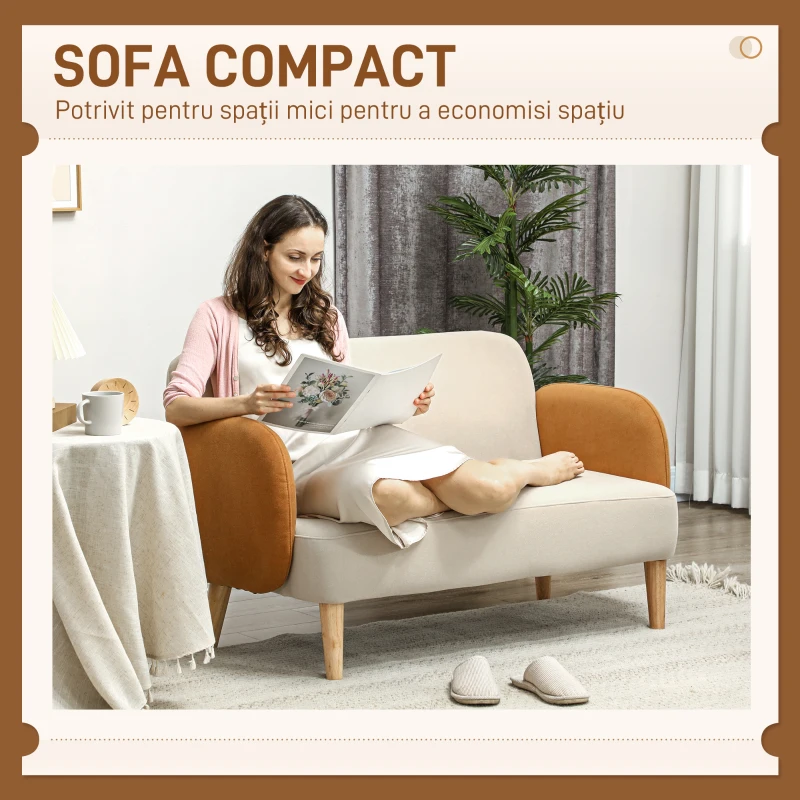 HOMCOM Canapea cu 2 Locuri în Stil Nordic din Material Textil cu Brațe și Picioare din Lemn, 138x73x74 cm, Alb Crem(m-7)