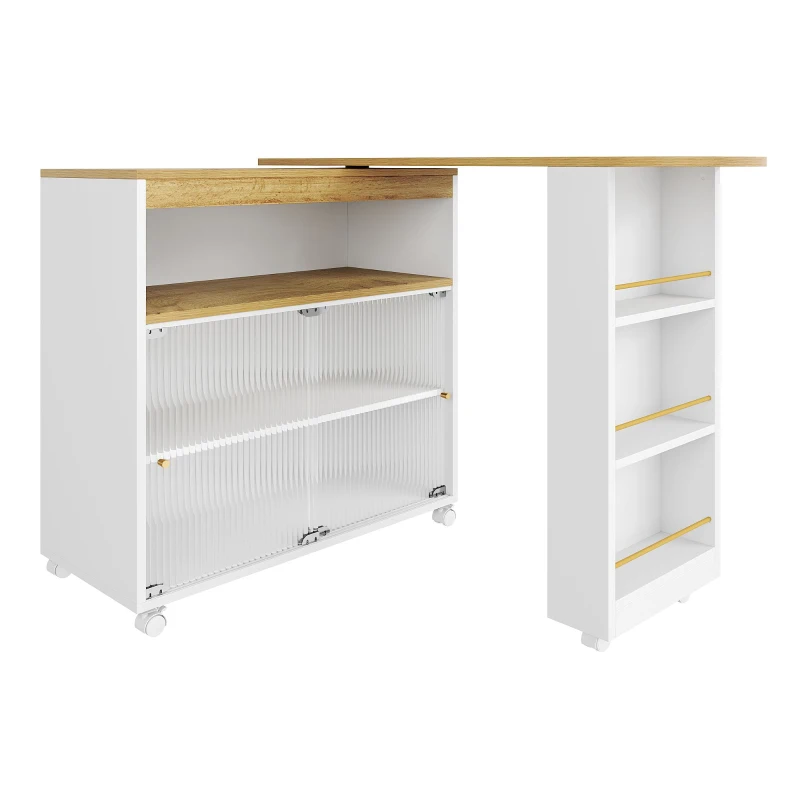 Mesa de bar extensible con almacenamiento, Mesa de bar moderna y móvil, Mesa de bar telescópica con LED, 138-204×39×105 cm, Blanco