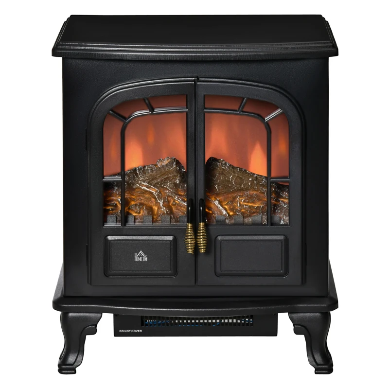 HOMCOM Electric Fireplace Stove Heater with LED Fire Flame Effect, Double Door, Freestanding & Portable with Overheat Protection, 1000W/2000W, Black