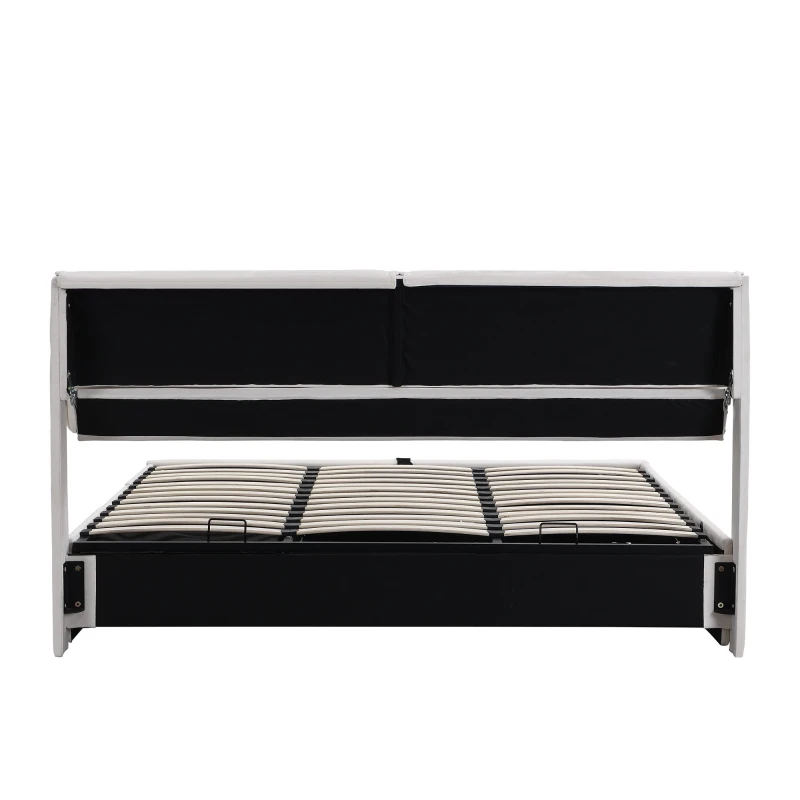 Lit rembourré avec coffre de rangement hydraulique et trois tiroirs, sommier à lattes, sans matelas, 180×200 cm, Blanc