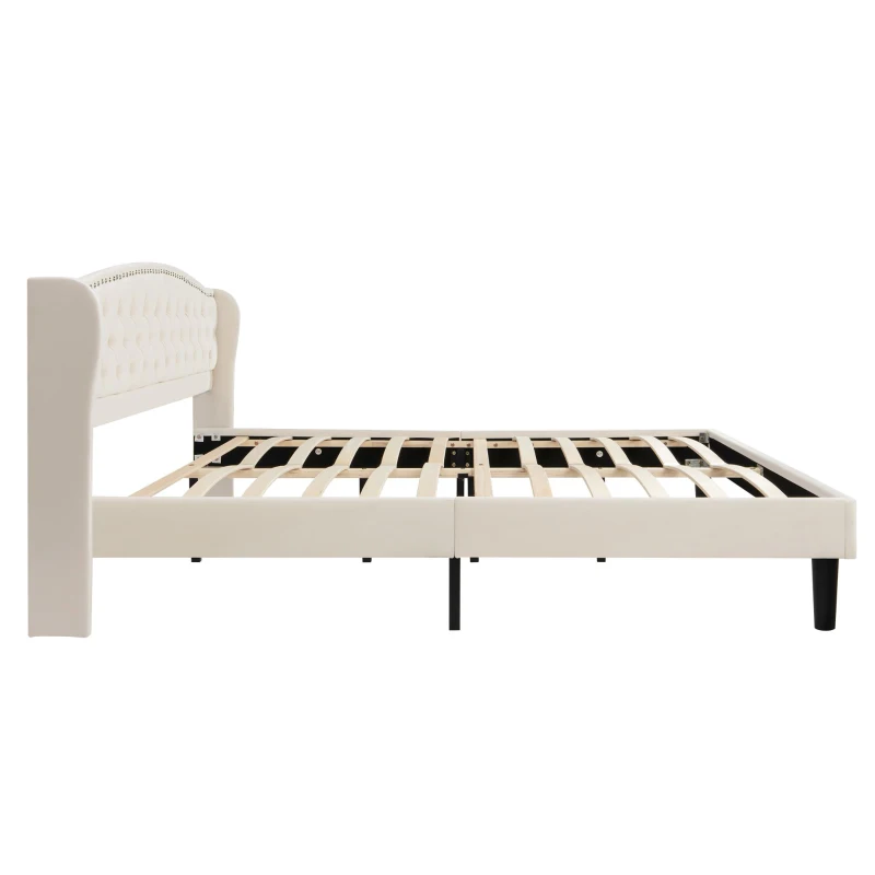 Cama acolchada suave con cabecero aterciopelado y decoración de botones, placas de madera estables, sin colchón, 140×200 cm, Beige