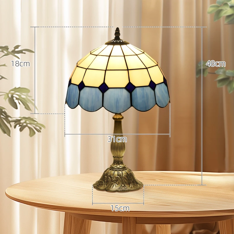 HOMCOM Candeeiro de Mesa com Desenho de Vitrais Coloridos  Candeeiro de Mesa de Vidro para Dormitório Sala de Estar Escritório Ø31x48 cm Azul