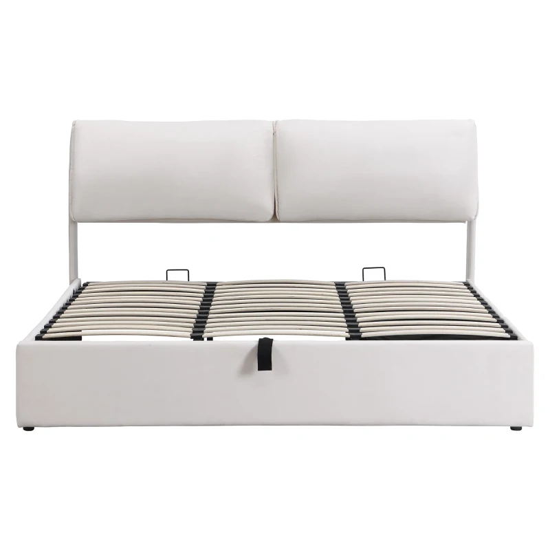 Polsterbett mit hydraulischem Bettkasten und drei Schubladen, Lattenrost mit Kopfteil, ohne Matratze, 180×200 cm, Weiß