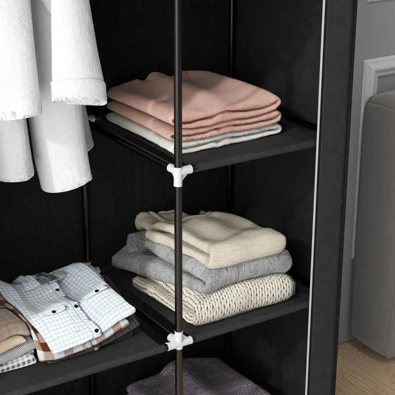 HOMCOM Dulap Portabil din Material, Dulap cu 6 Rafturi Deschise, 1 Bară și Ușă cu Fermoar, 103x43x162,5 cm, Negru