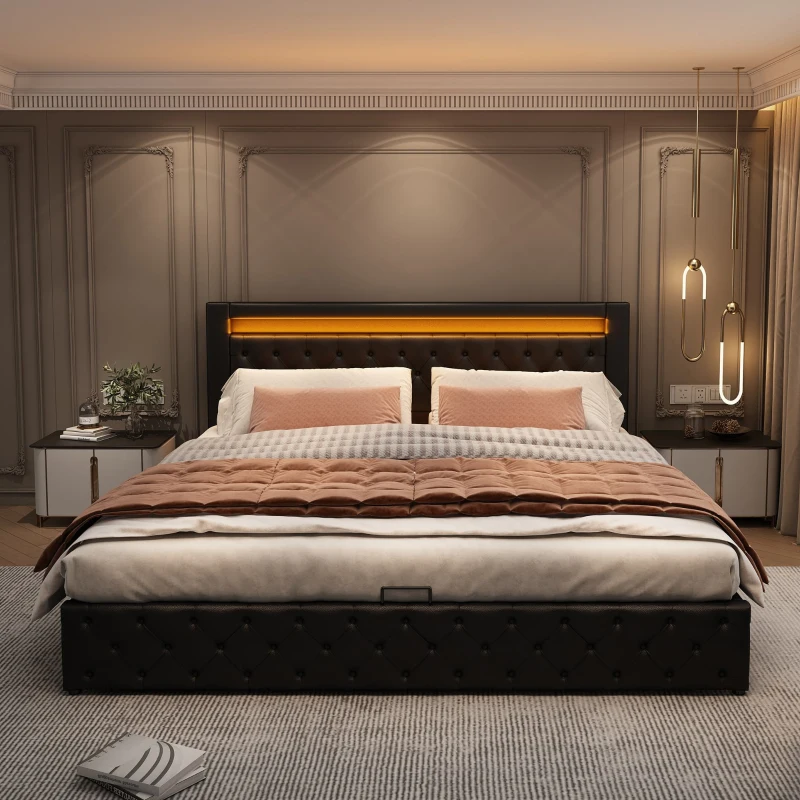 Letto imbottito con rete a doghe e spazio di stoccaggio, illuminazione LED, senza materasso, 160×200 cm, Nero