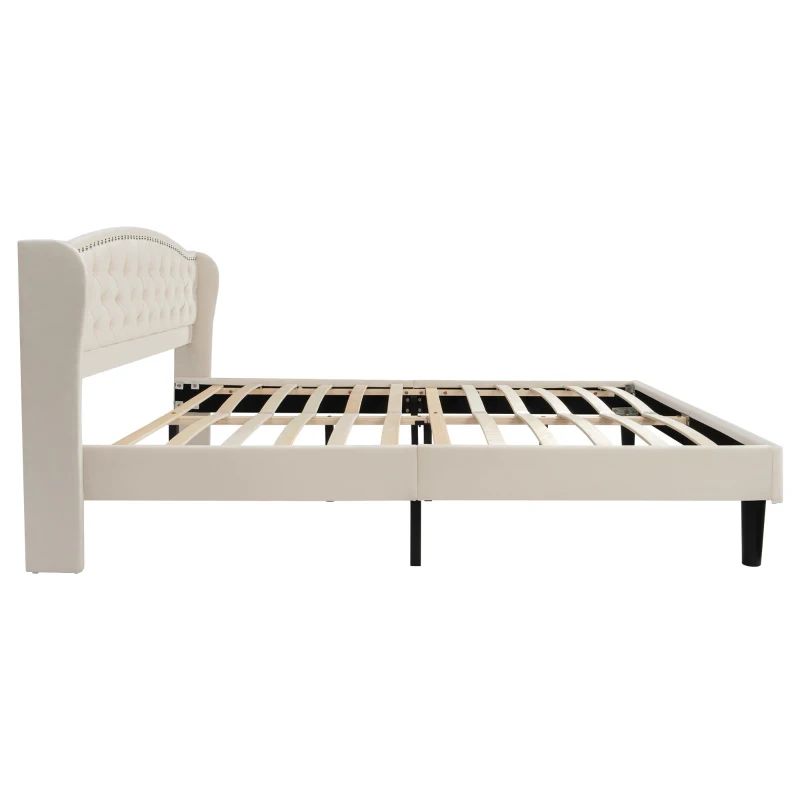 Letto imbottito morbido con testiera in velluto e decorazione con bottoni, senza materasso, 160×200 cm, Beige