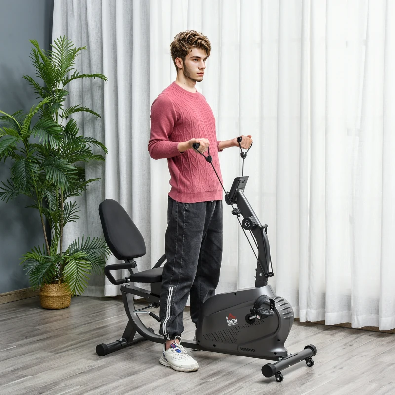 HOMCOM Recumbent Exercise Bike Recovery Exerciser, 8-Level Magnetic Resistance Stationary Bike with Pad Holder, LCD Monitor, for Indoor Cardio Workout, Black(m-9)