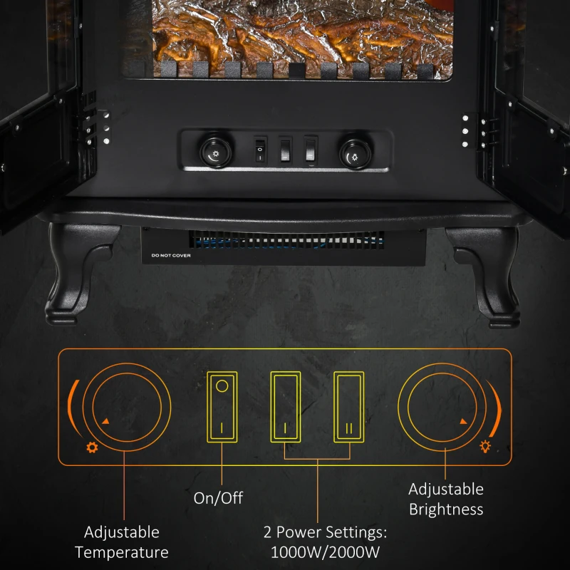 HOMCOM Electric Fireplace Stove Heater with LED Fire Flame Effect, Double Door, Freestanding & Portable with Overheat Protection, 1000W/2000W, Black