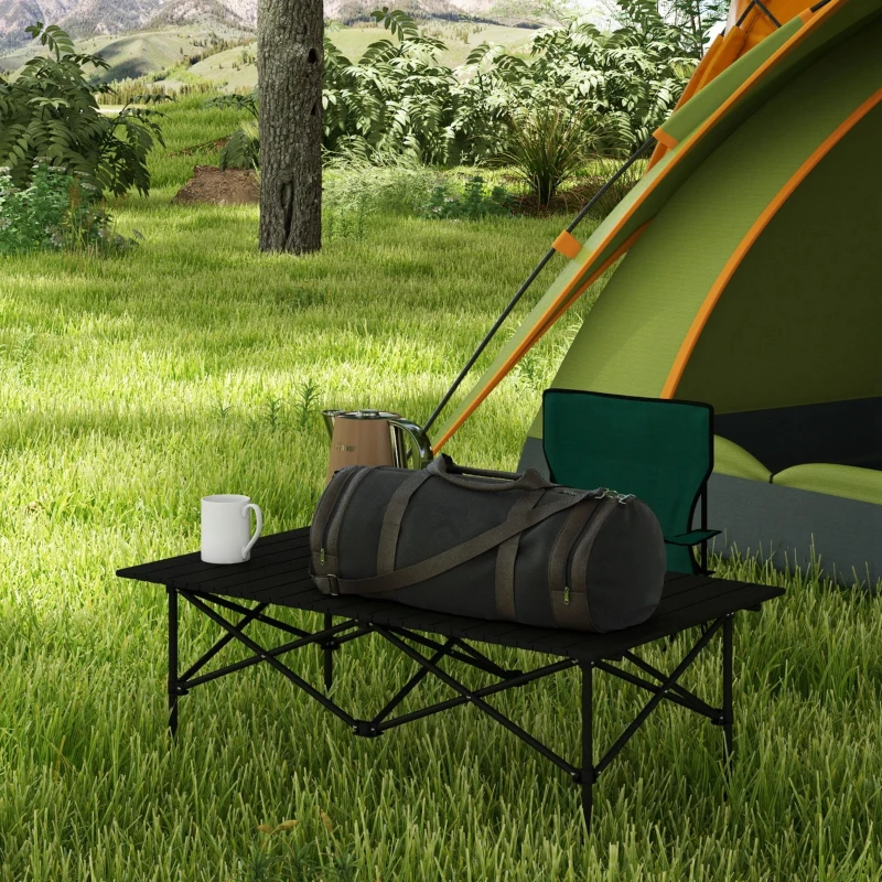 Outsunny Mesa de Campismo Dobrável de Metal com Tampo Enrolável e Bolsa de Transporte Mesa de Piquenique Portátil 95x55x50 cm Preto