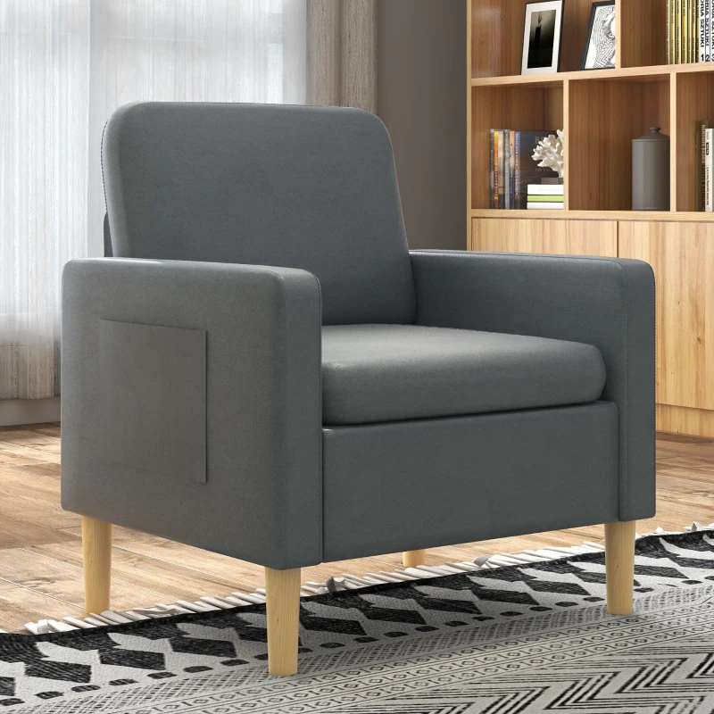 HOMCOM Poltrona Sala de Estar Poltrona Relax com 2 Bolsos Laterais Apoio para os Braços Pés de Madeira 73x79x87 cm Cinza