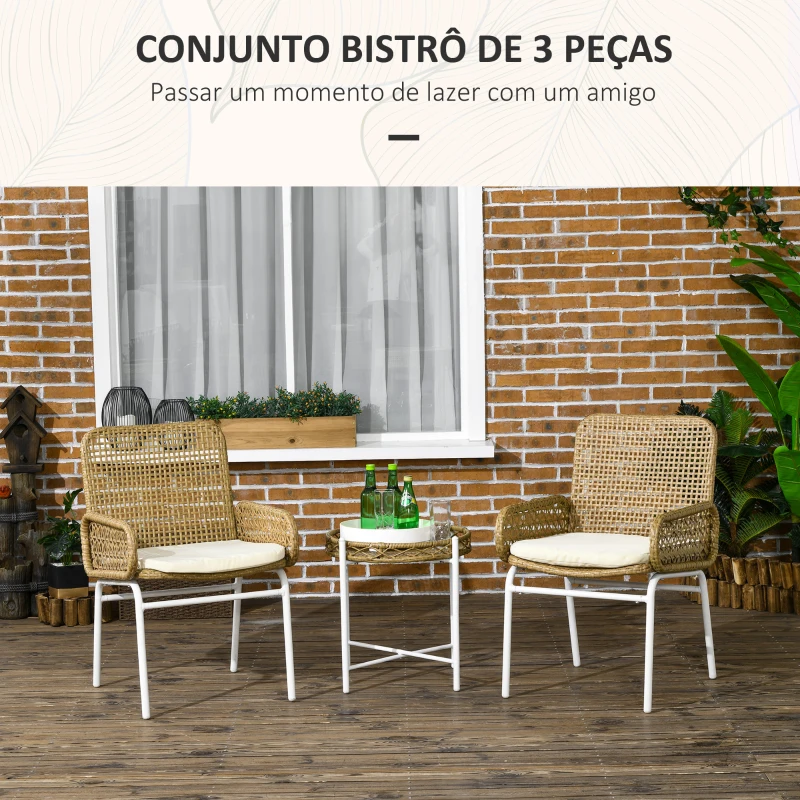 Outsunny Conjunto de Mesa e Cadeiras para Exterior Inclui 2 Cadeiras e 1 Mesa de Centro de Vime com Almofadas para Terraço Natural