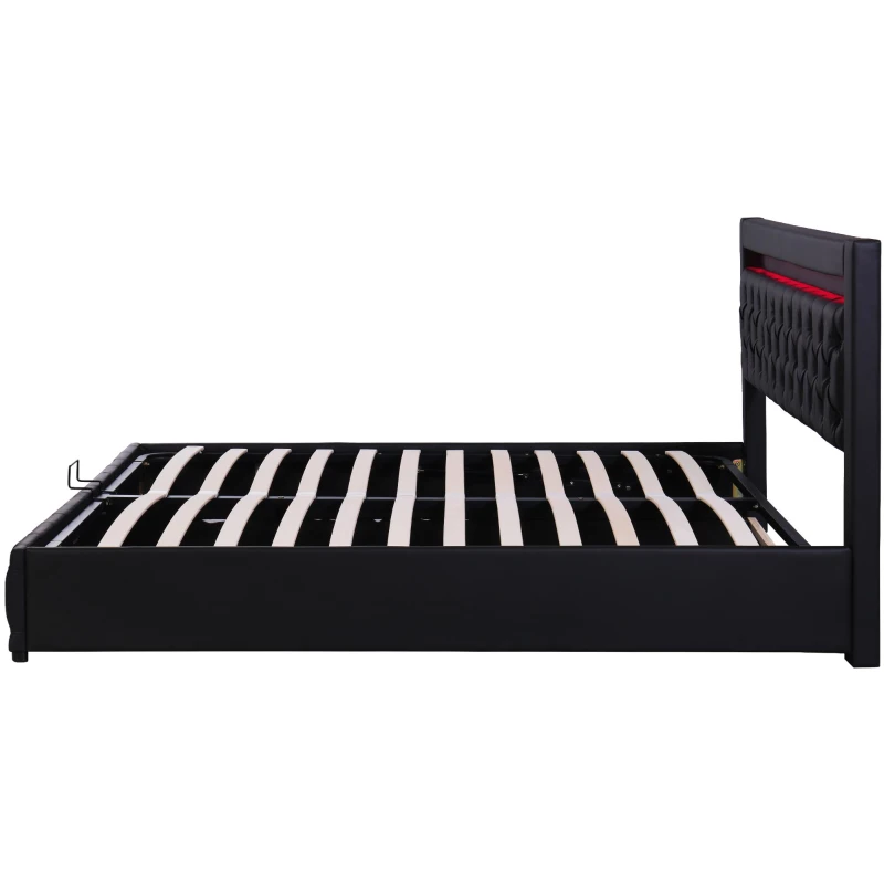 Letto imbottito con rete a doghe, spazio di stoccaggio e illuminazione LED, senza materasso, 180×200 cm, Nero