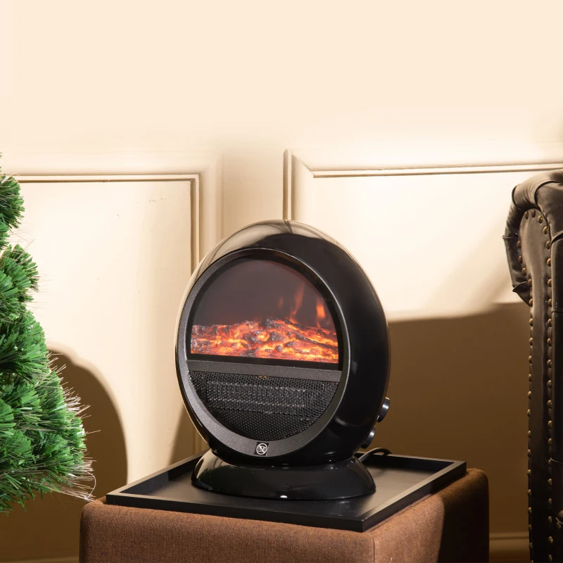 HOMCOM Freestanding Electric Fireplace Indoor Space Table Top Heater with Realistic Flame Effect, Rotatable Head, Overheating Protection, 1500W, Black