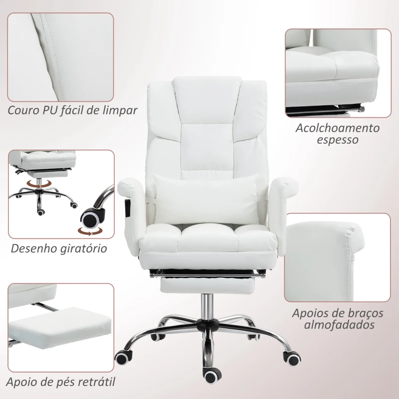 HOMCOM Cadeira de Escritório com Massagem em 6 Pontos Apoio para os Pés Retrátil Controlo Remoto e Suporte Lombar 69x65x115 cm Branco