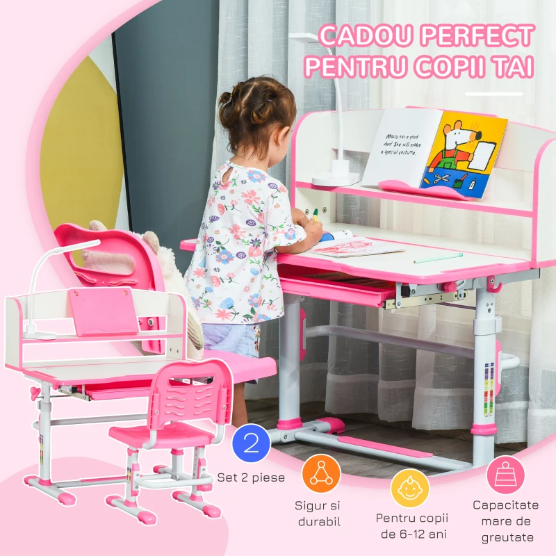 HOMCOM Set Bancă și Scaun pentru Copii 6-12 Ani, Reglabile pe Înălțime cu Blat Înclinabil la 45°, 80x54,5x82-104 cm, Roz