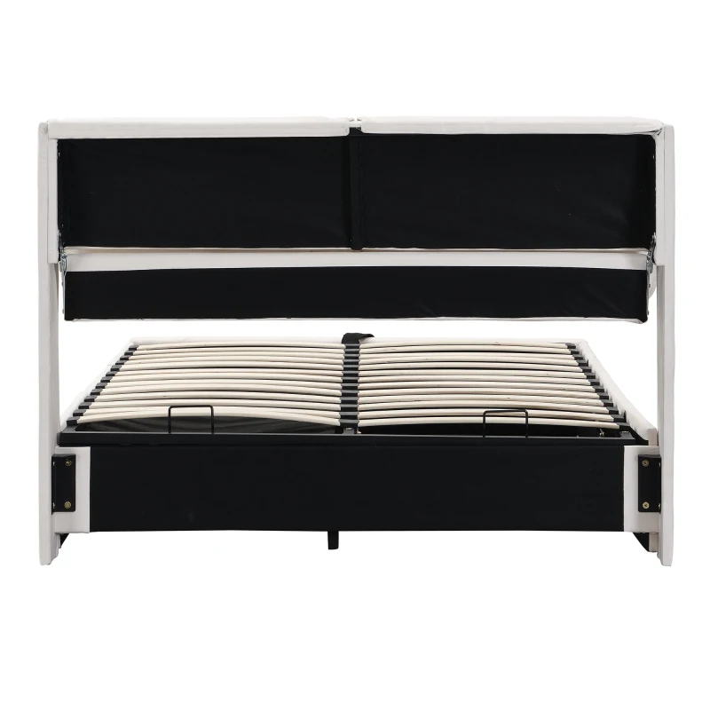 Cama tapizada con canapé hidráulico y tres cajones, somier con cabecero, sin colchón, 140x200 cm, Blanco