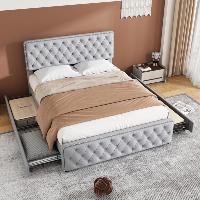 Polsterbett mit hydraulischem Bettkasten und drei Schubladen, Lattenrost mit Kopfteil, ohne Matratze, 180×200 cm, Hellgrau