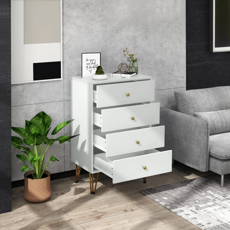 HOMCOM Tall Chest of Drawers, 4-Drawer Dresser for Bedroom, Modern Storage Cabinets with Hairpin Legs, White