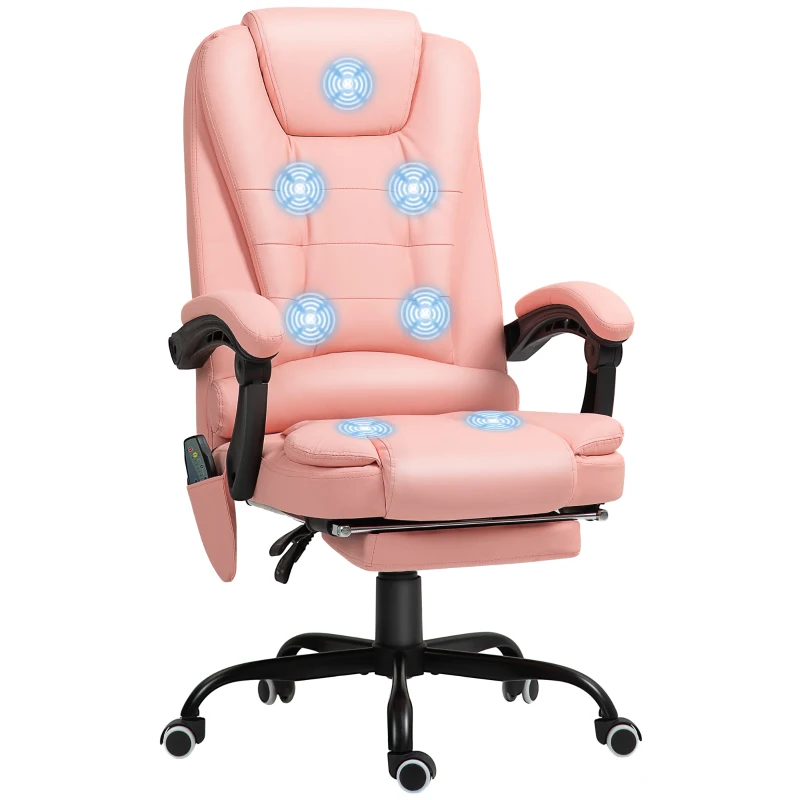 Vinsetto Massage Bureaustoel, 7 Vibratiepunten, Verstelbare Voetensteun & Rugleuning, tot 120 kg, Lederlook, Roze(m-11)