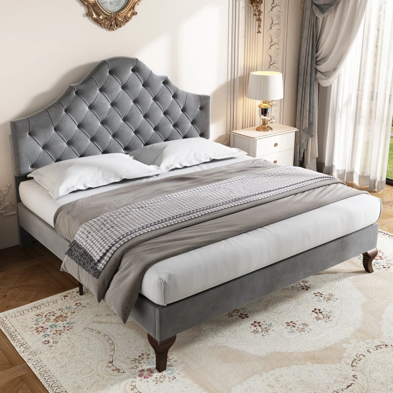 Lit rembourré avec tête de lit réglable en hauteur et sommier à lattes, sans matelas, 90×200 cm, Gris
