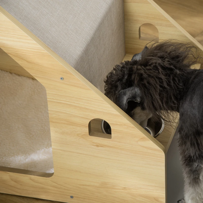 PawHut Casa para Cães de Madeira Casa de Interior para Cães com Comedouro 2 Tigelas de Aço Inoxidável e Almofada Suave Removível 62x40x54cm Carvalho e Cinza