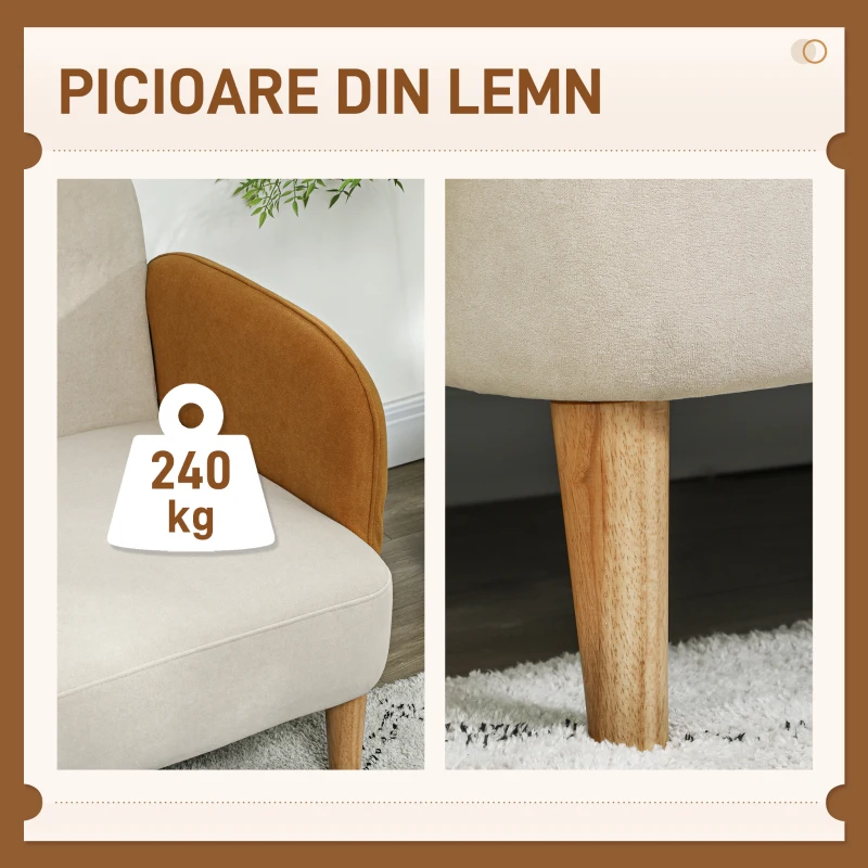 HOMCOM Canapea cu 2 Locuri în Stil Nordic din Material Textil cu Brațe și Picioare din Lemn, 138x73x74 cm, Alb Crem(m-6)